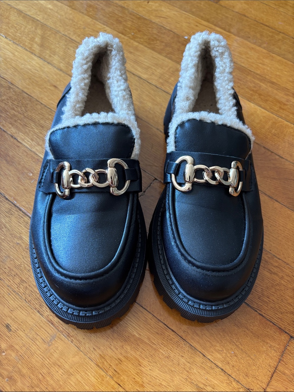 Women’s Black Faux Leather Slip-On Loafers with Gold Chain & Sherpa Lining